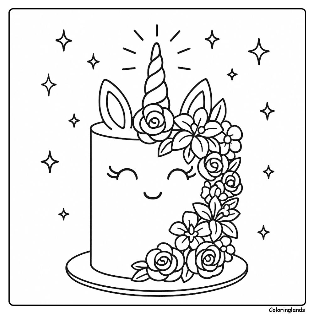 Um bolo de unicórnio para colorir, sorridente e decorado com flores.