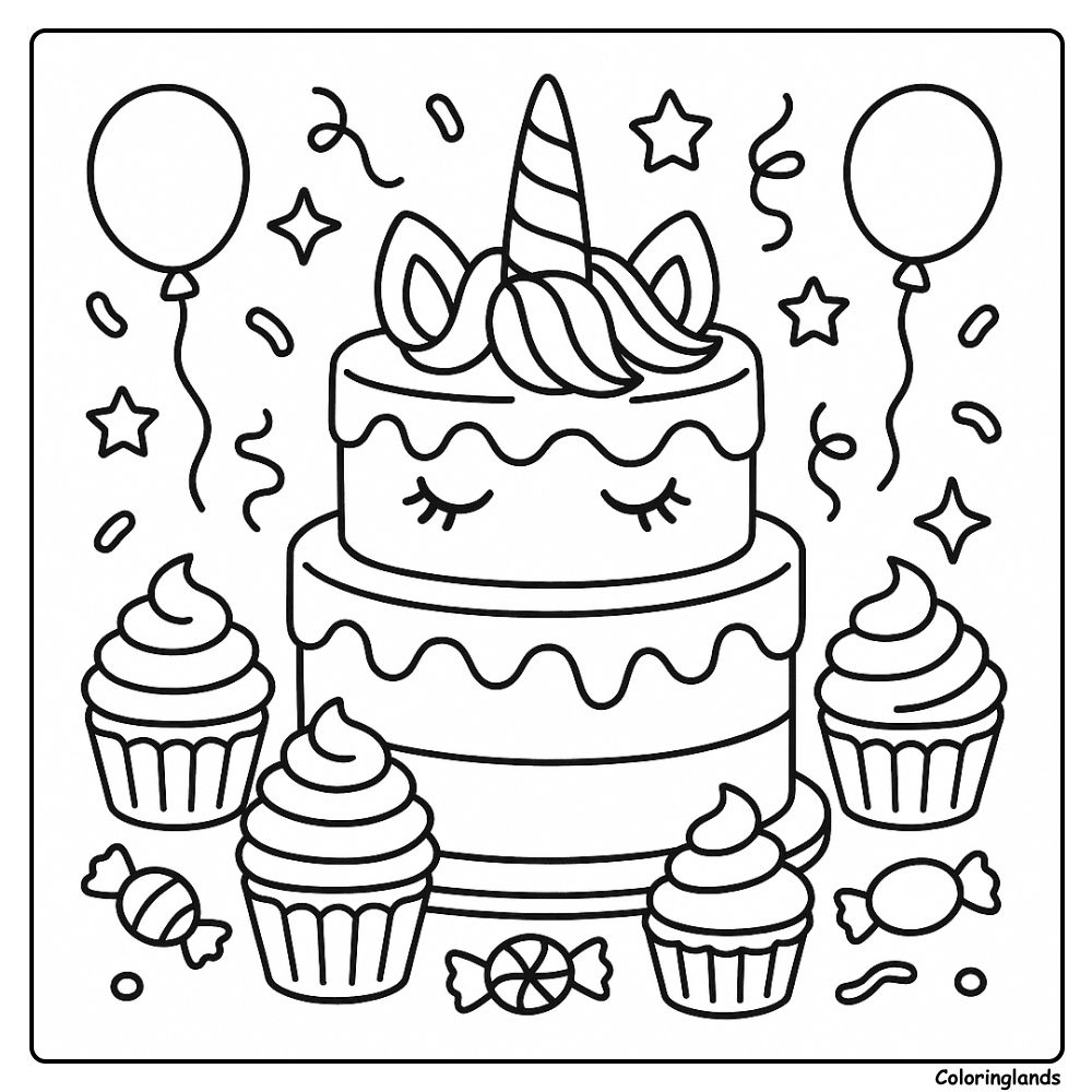 Página para colorir de bolo de unicórnio para colorir e doces festivos