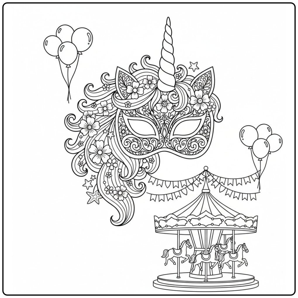 Desenho para colorir: mascara de unicornio para colorir com carrossel de festa.