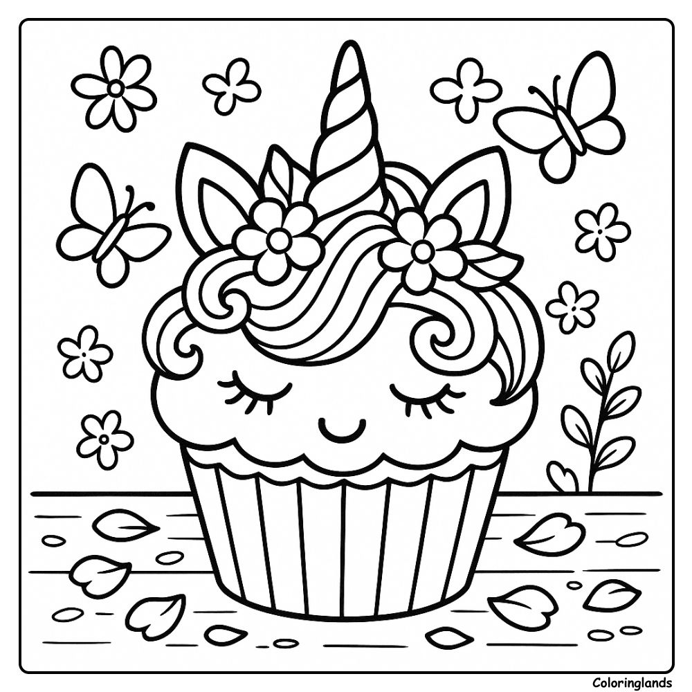 Desenho de unicorn cupcake para colorir com borboletas e flores.