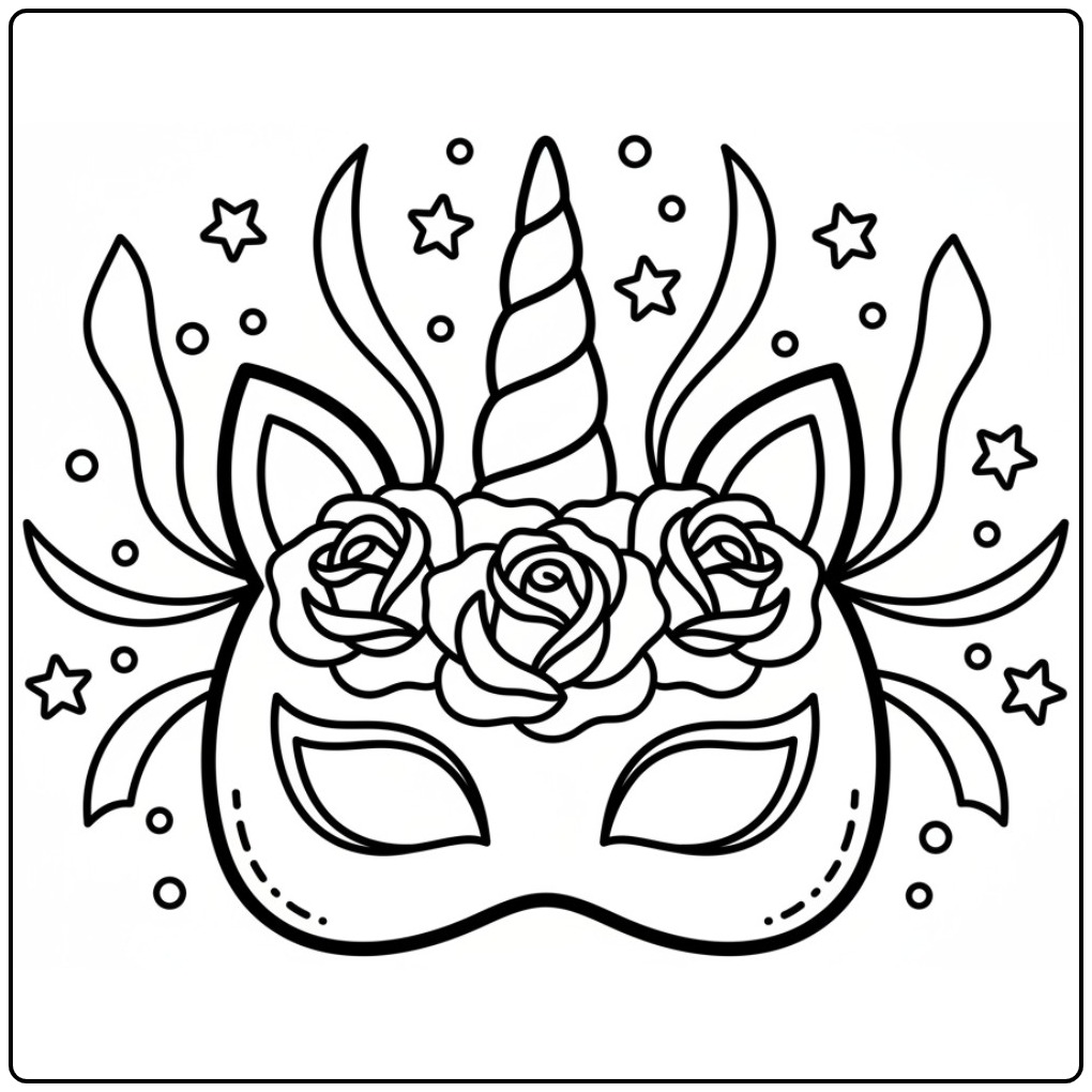 Máscara de unicórnio para colorir com chifre e rosas decorativas.