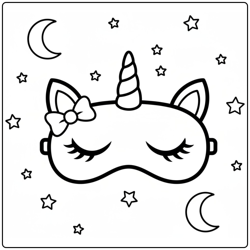 Mascara de unicornio para colorir, cercada por estrelas e luas.