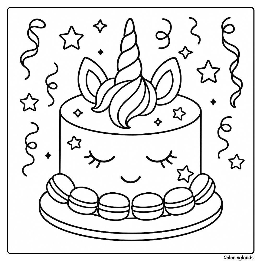 Um bolo de unicórnio para colorir com chifre mágico, estrelas e macarons.