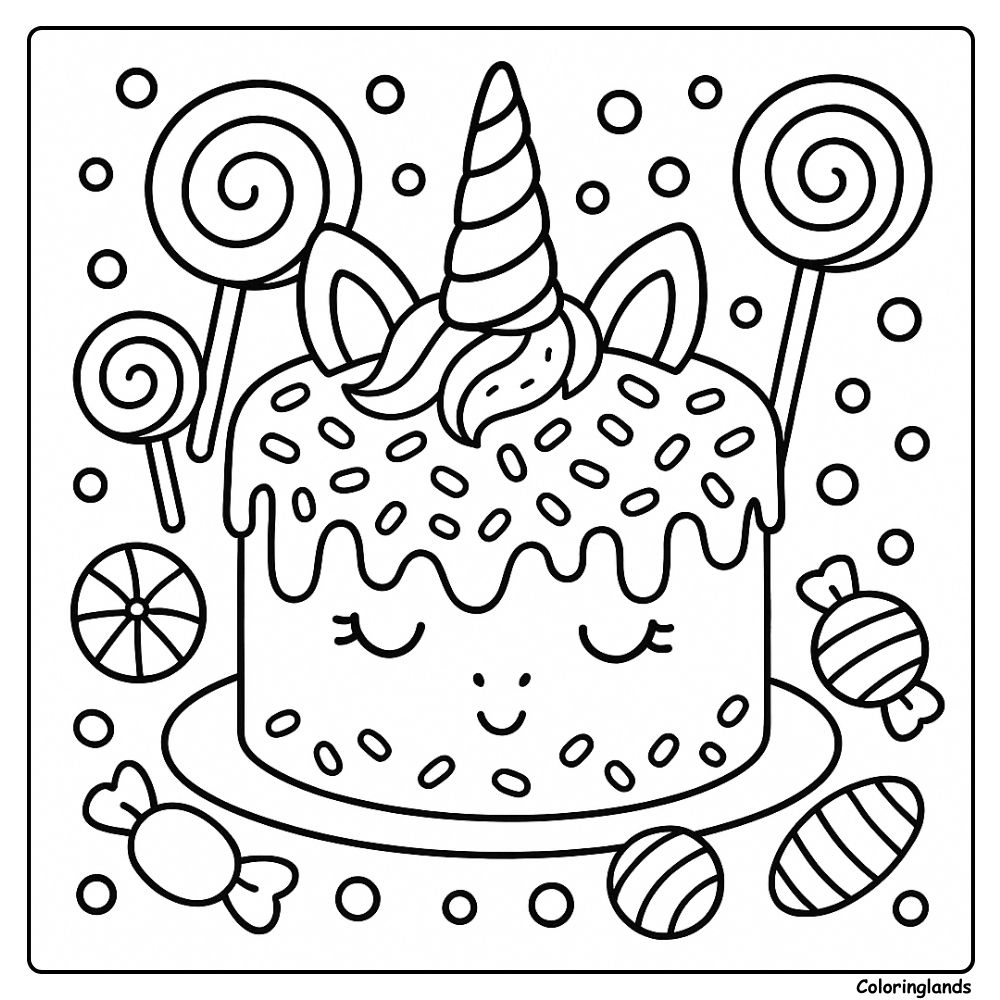 Página de bolo de unicórnio para colorir com doces e pirulitos.