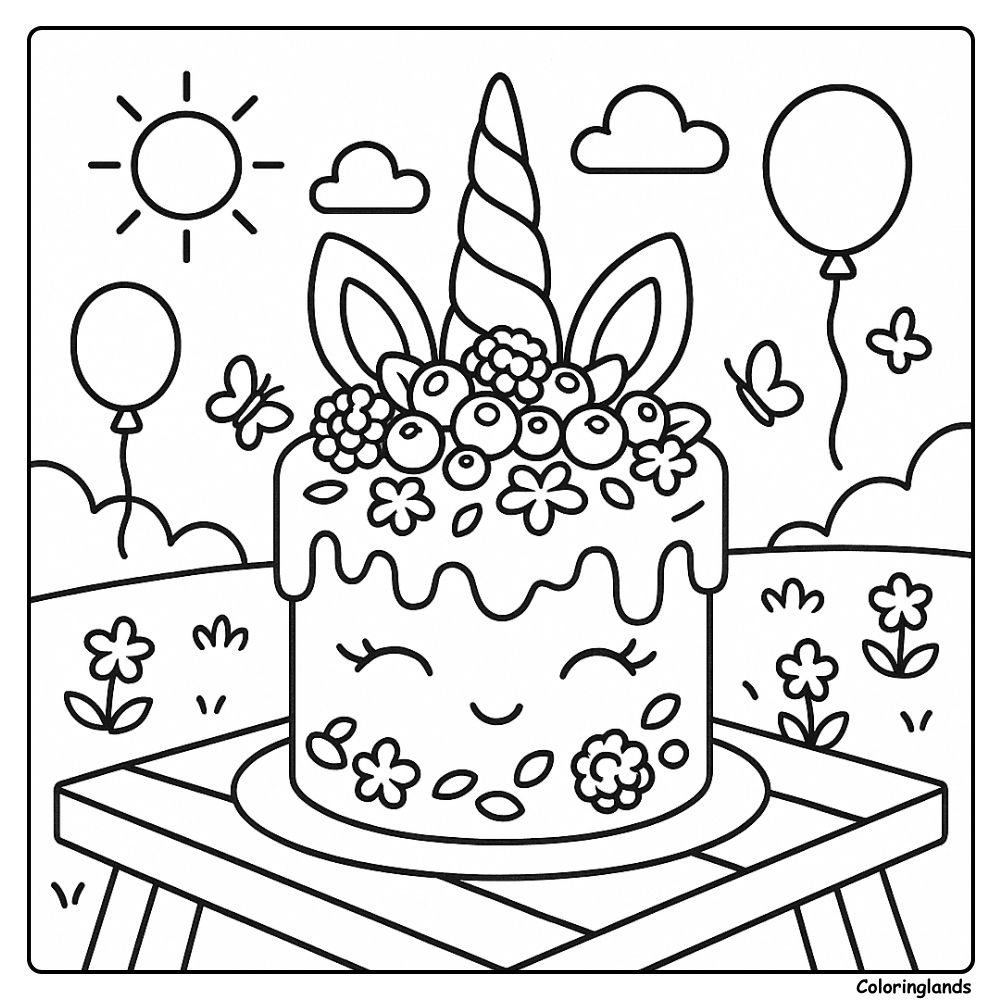 Um encantador bolo de unicórnio para colorir, com frutas e um rosto doce.