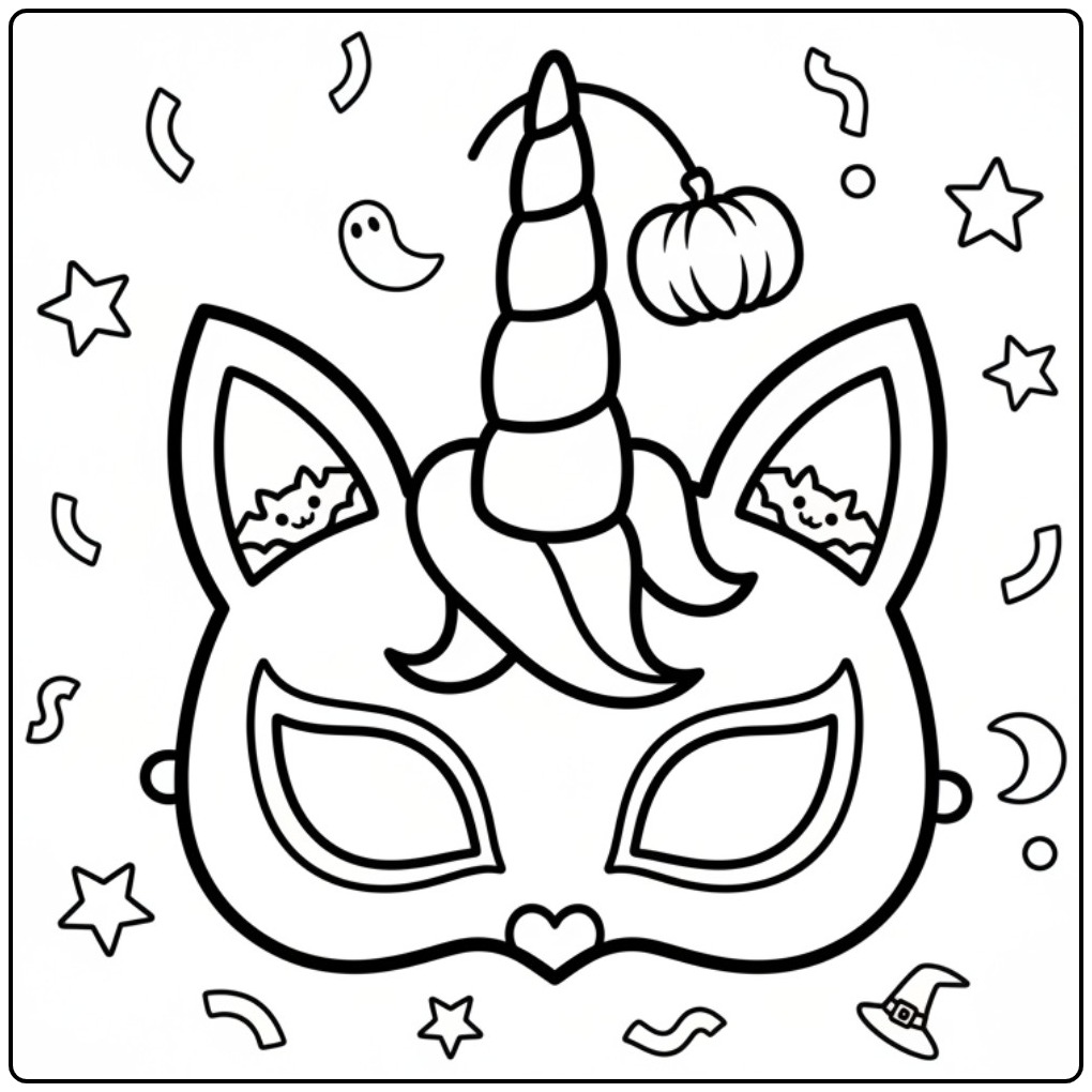 Mascara de unicornio para colorir com tema de Halloween e abóbora.