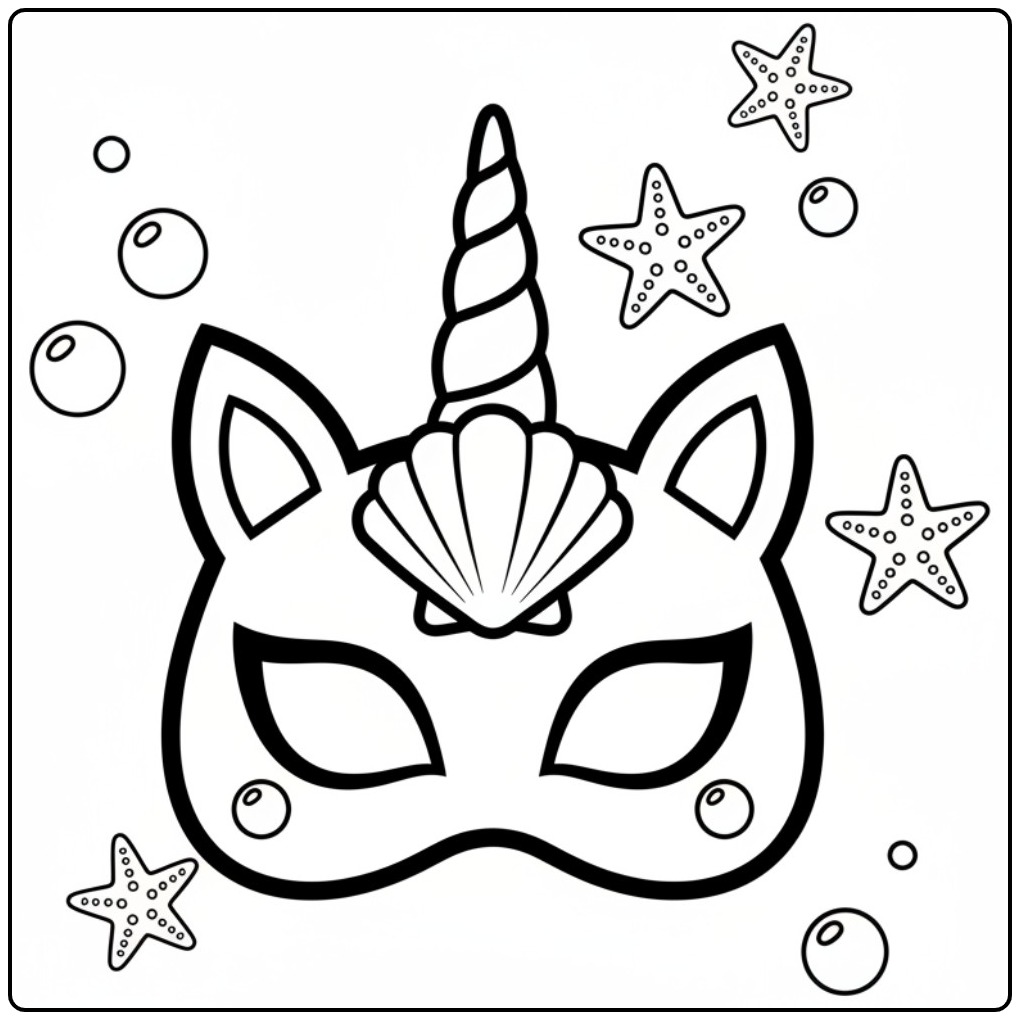 Máscara de unicórnio para colorir com tema marinho e bolhas flutuantes.