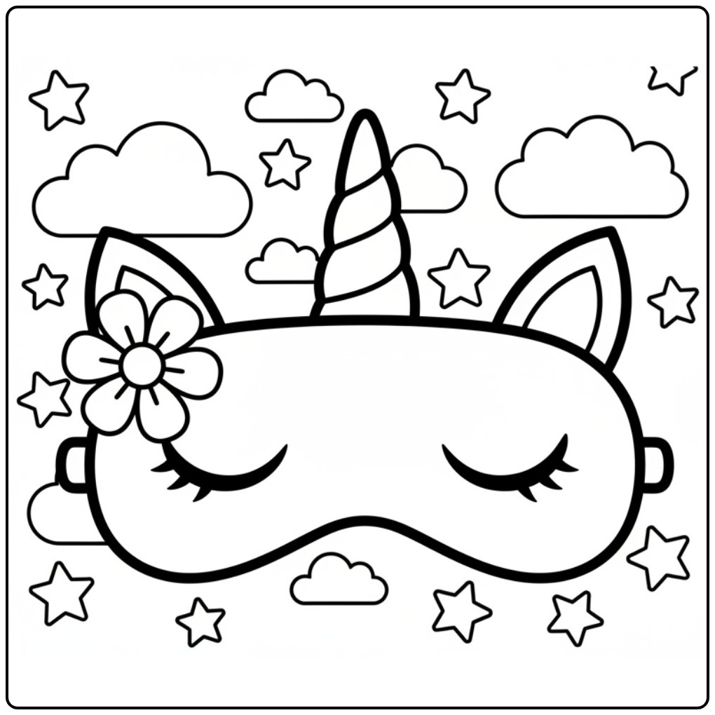 Mascara de unicornio para colorir com estrelas e nuvens. Hora de pintar!