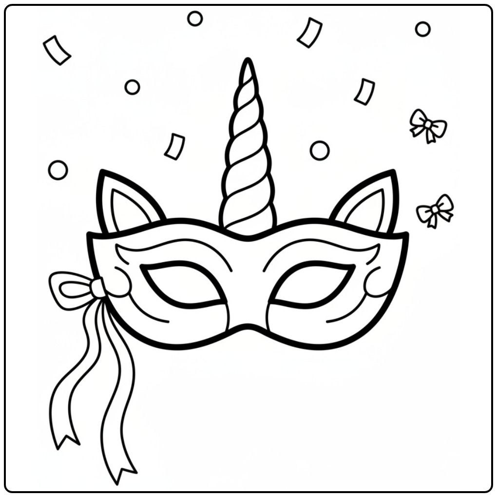 Máscara de unicórnio para colorir com chifre, orelhas e laços.
