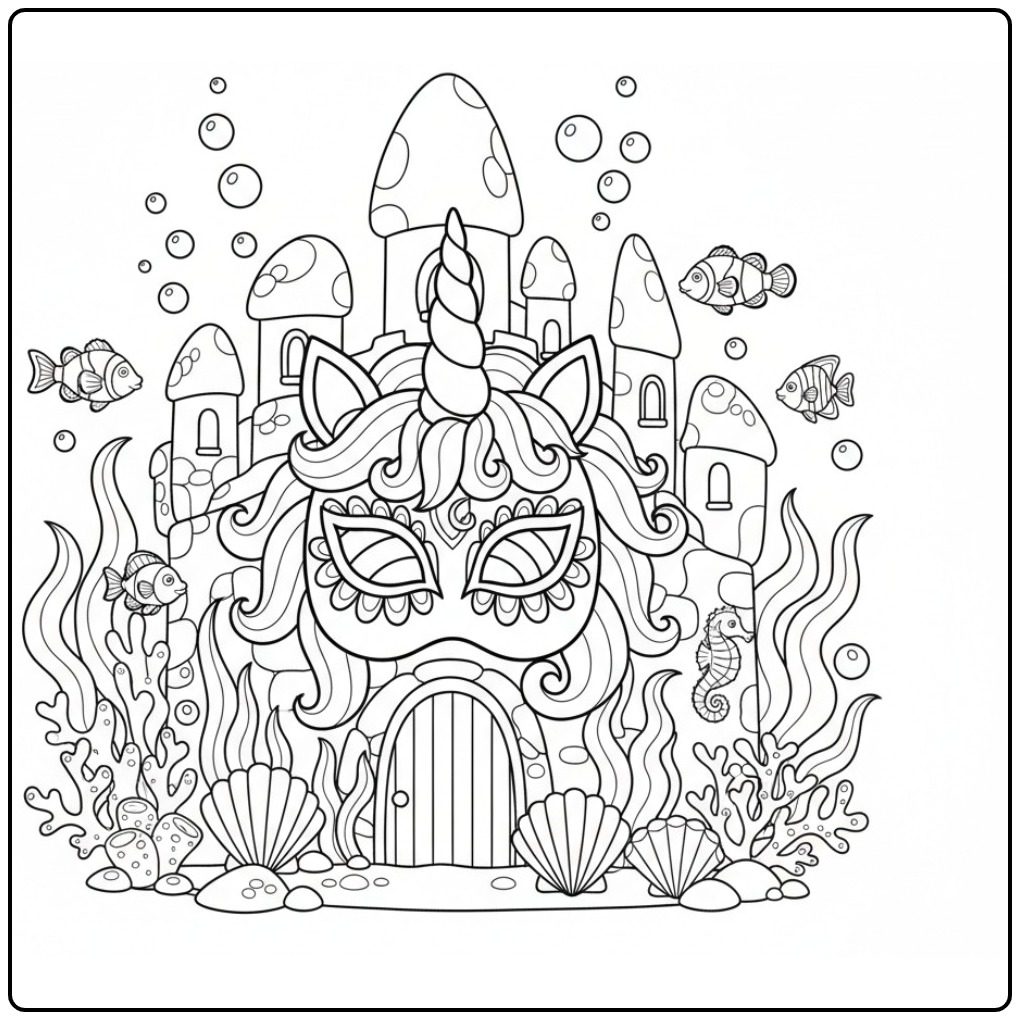 Mascara de unicornio para colorir num castelo submarino com peixes.
