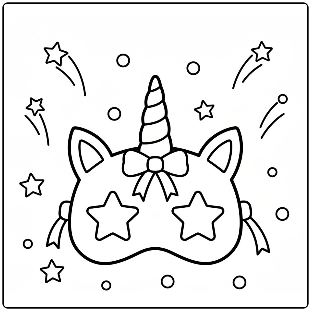 Uma mascara de unicornio para colorir com estrelas e chifre mágico.