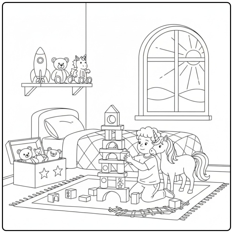 Menina e unicornio para colorir brincando no quarto. Diversão!