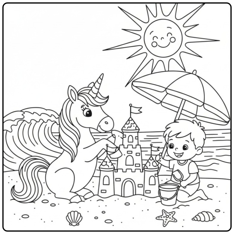 Ilustração divertida unicornio para colorir na praia com menino.