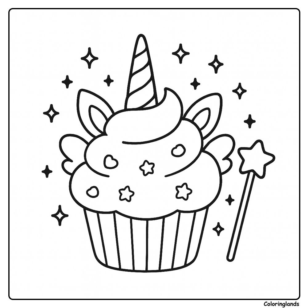 Um unicorn cupcake para colorir, com chifre, orelhas e varinha mágica.