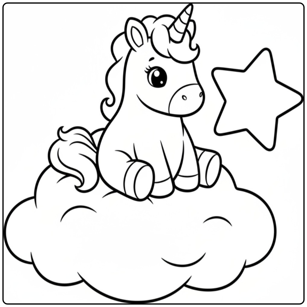 Ilustração de unicornio bebe para colorir fofo na nuvem mágica.