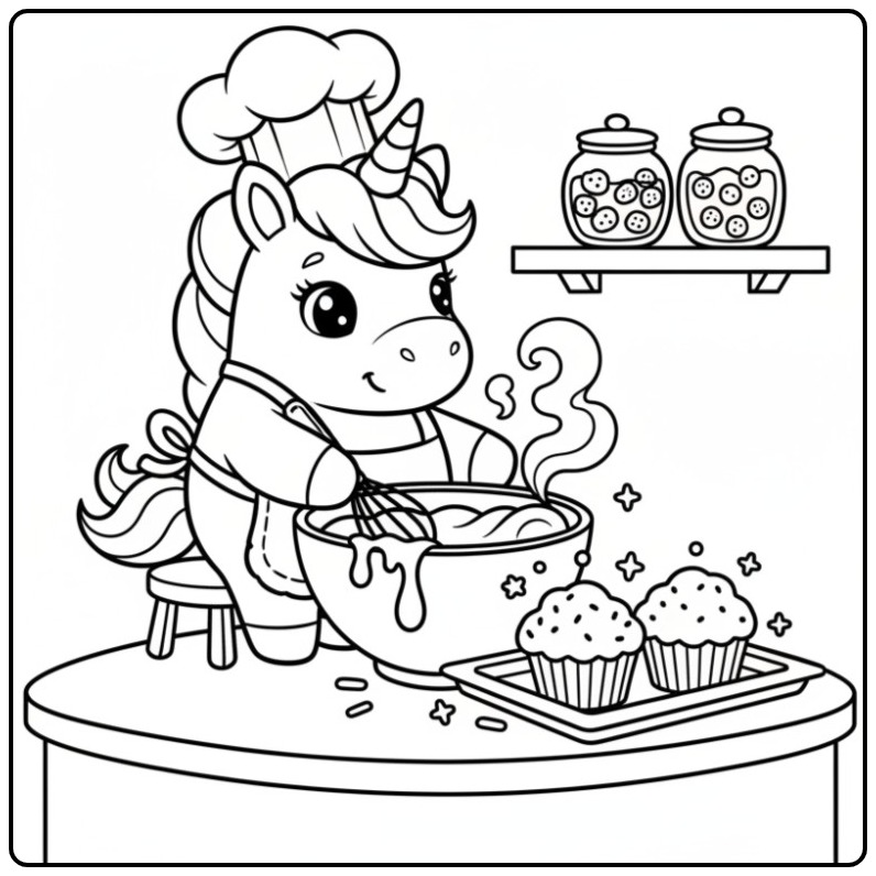 Um unicornio bebe para colorir a cozinhar guloseimas doces