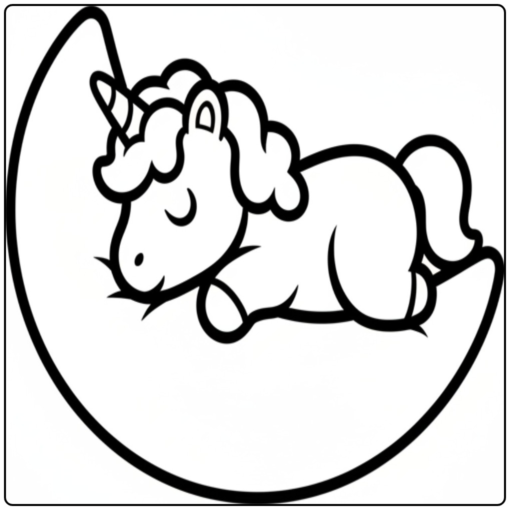 Ilustração de unicornio bebe para colorir dormindo na lua fofa