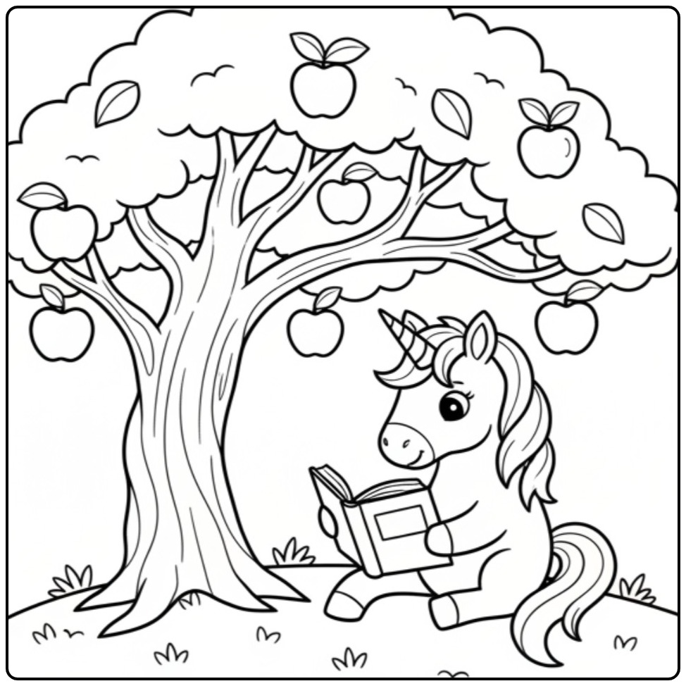 Um unicornio para colorir lendo debaixo da macieira. Que fofo!