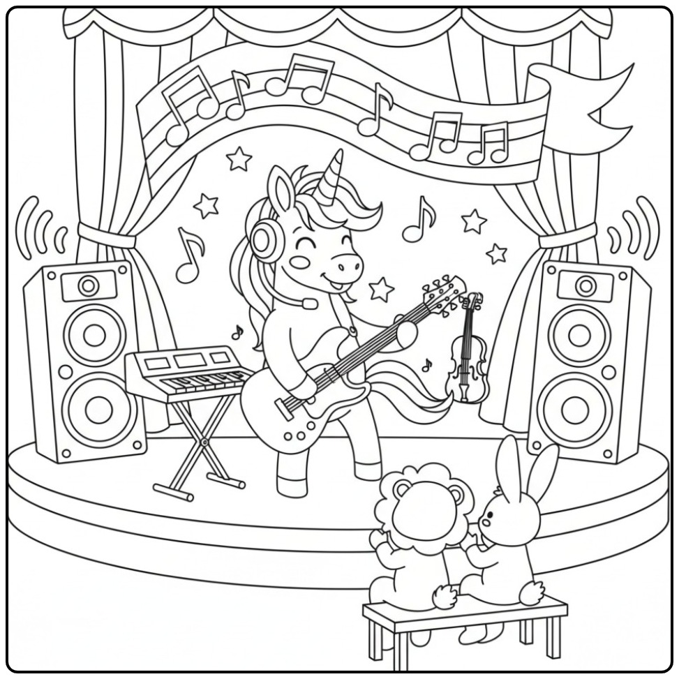 Ilustração de unicornio para colorir tocando guitarra no palco.
