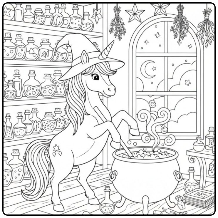 Um unicornio para colorir na cozinha mágica, prepare os seus lápis!