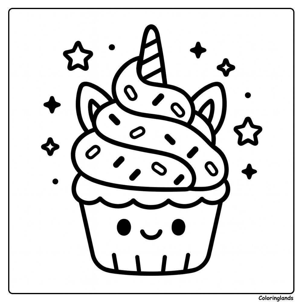 Um adorável unicorn cupcake para colorir, cheio de magia e estrelas.