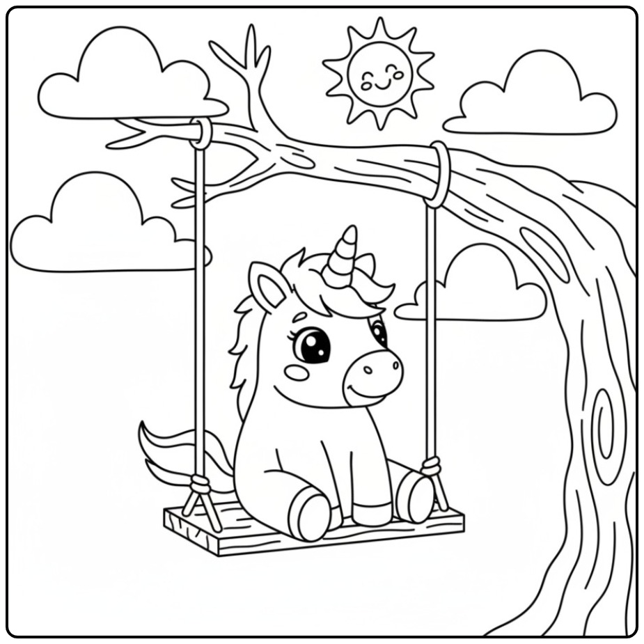 Página para colorir de unicornio bebe para colorir fofo no balanço