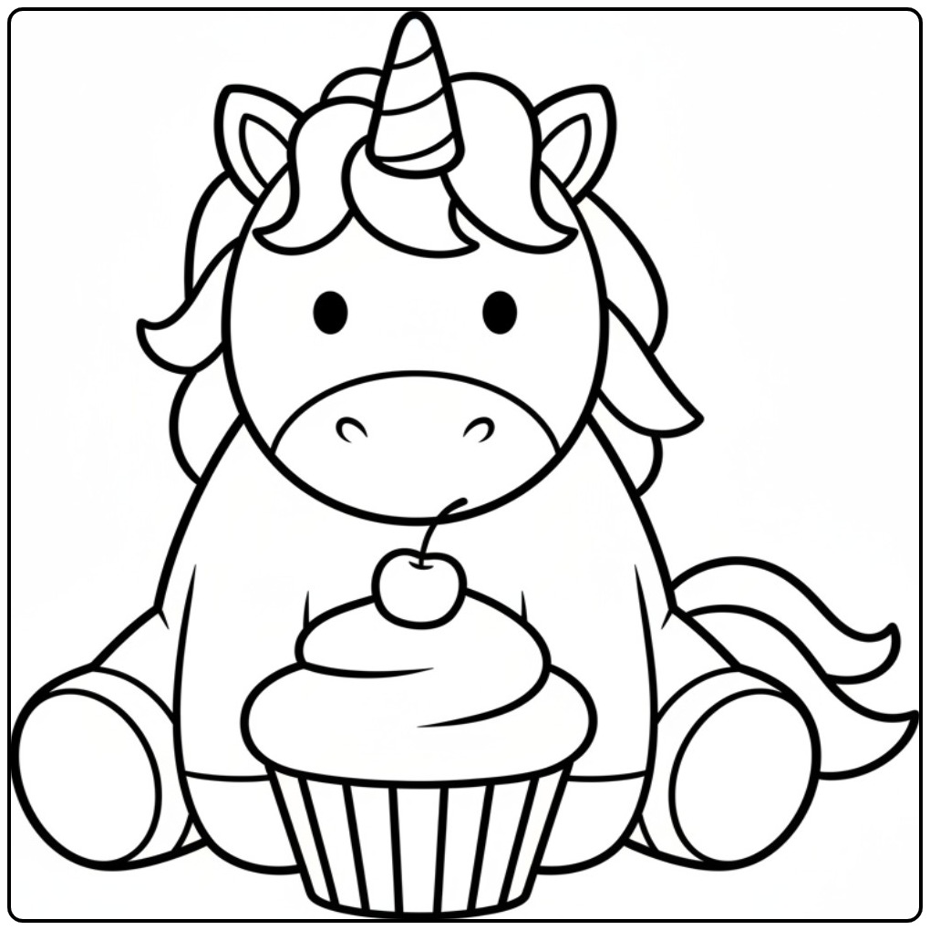 Página de unicornio bebe para colorir com bolo fofo. Imprima!