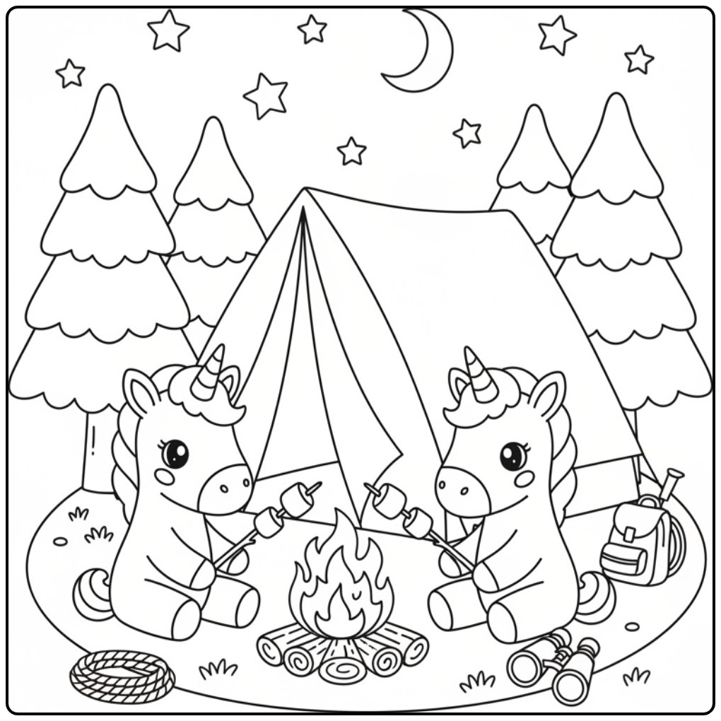 Ilustração de unicornio bebe para colorir acampando na floresta!