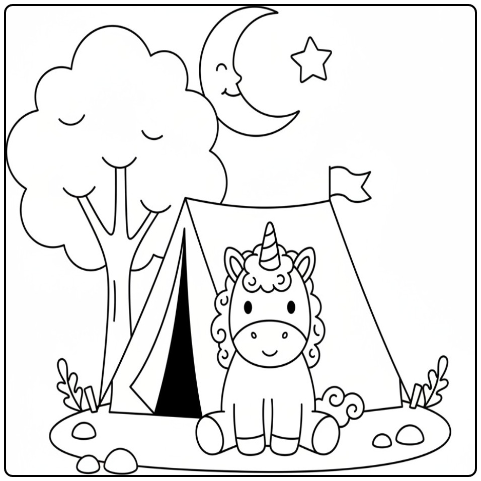 Página para colorir de unicornio bebe para colorir fofo acampando!