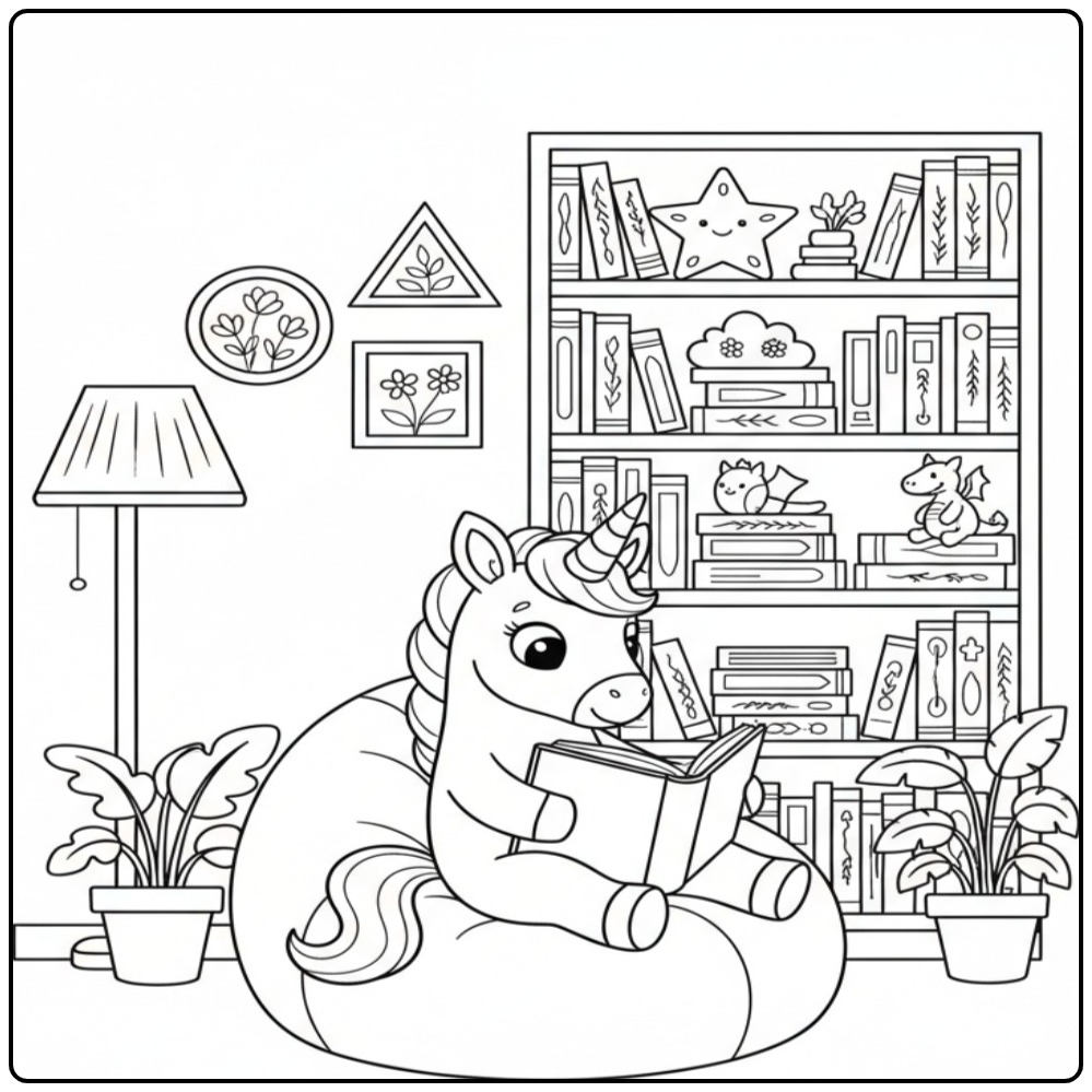 Lindo unicornio bebe para colorir lendo livro. Que fofo!