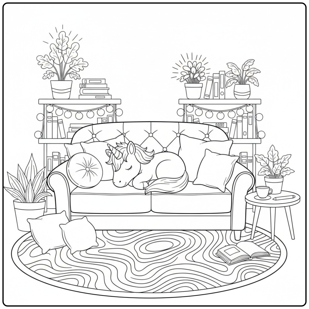 Um unicornio bebe para colorir dormindo no sofa com almofadas