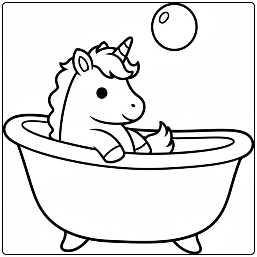 Lindo unicornio bebe para colorir tomando banho na banheira!