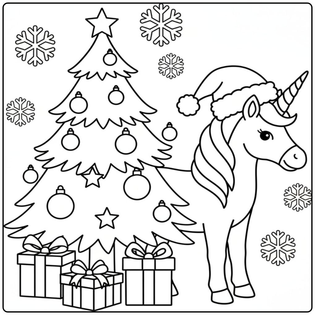 Ilustração de unicornio de natal para colorir com presentes.
