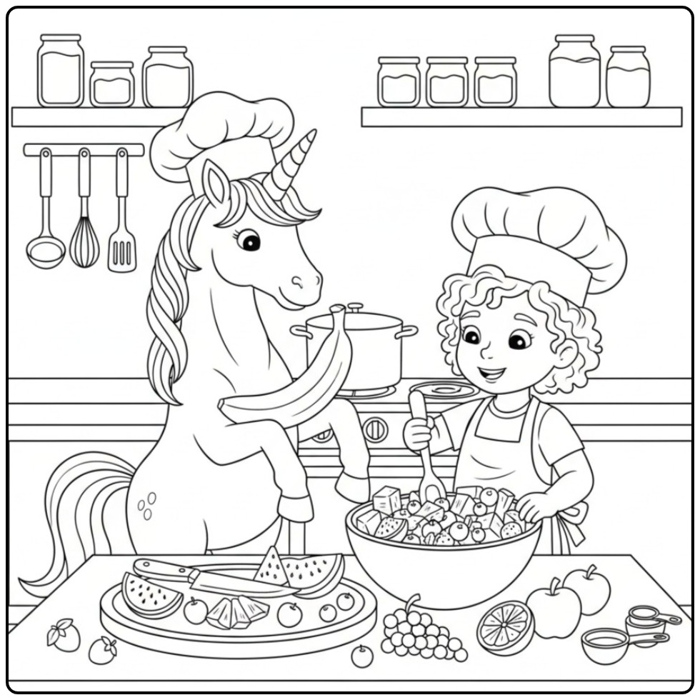 Um unicornio para colorir chef ajudando a menina na cozinha!