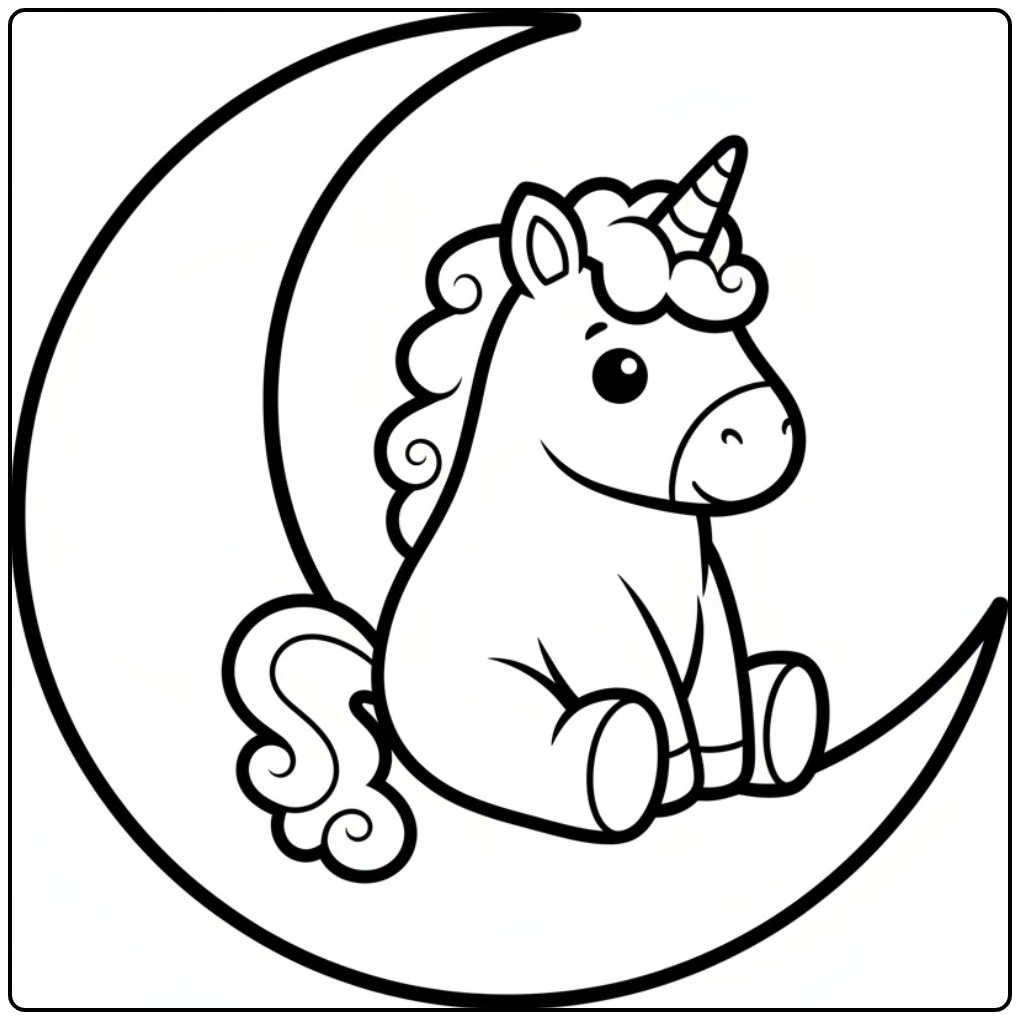 Lindo unicornio para colorir sentado na lua crescente. Magia!