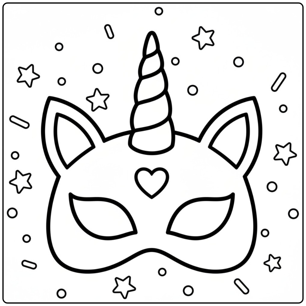 Imagem de mascara de unicornio para colorir, com estrelas e coracao.