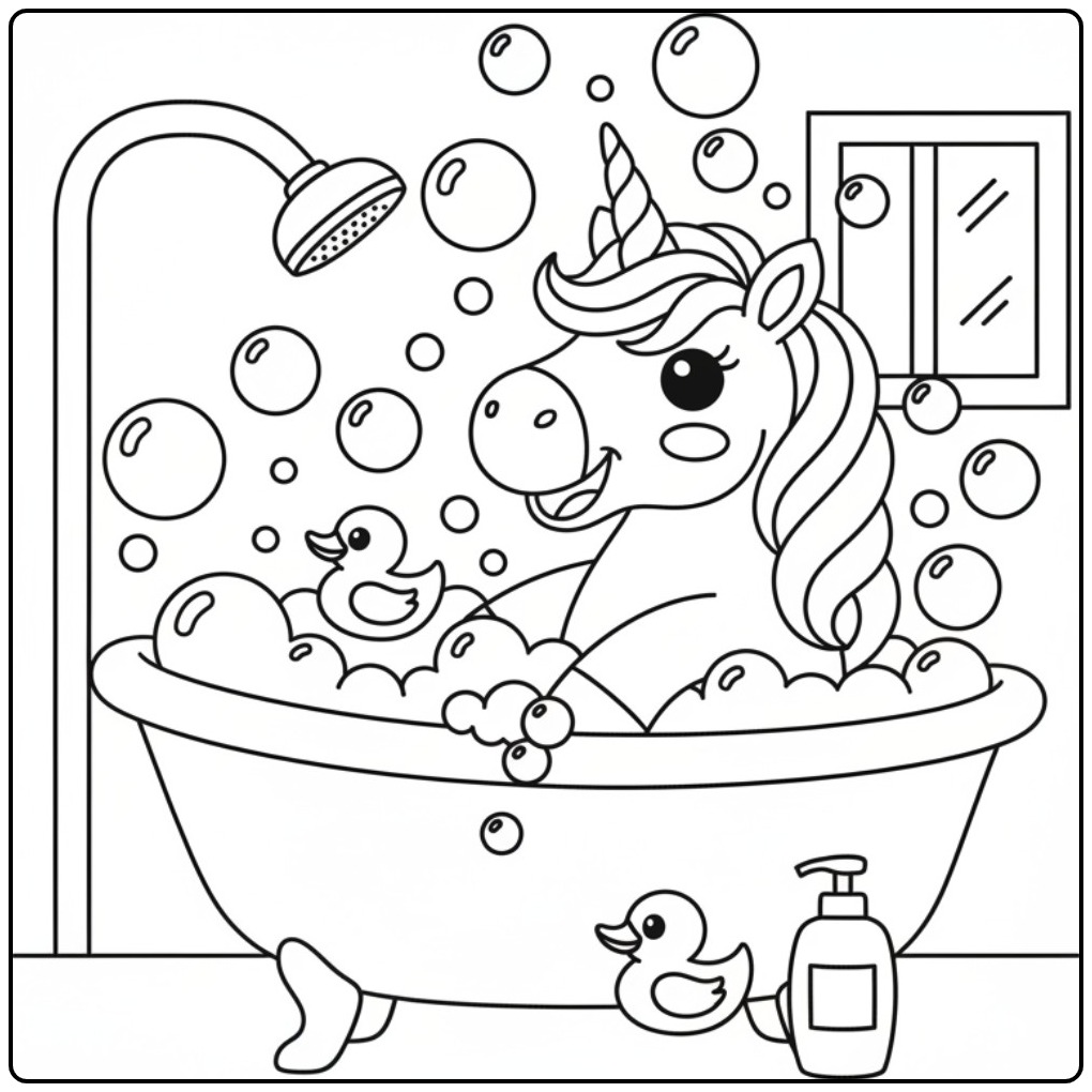 Um lindo unicornio para colorir tomando banho feliz na banheira!