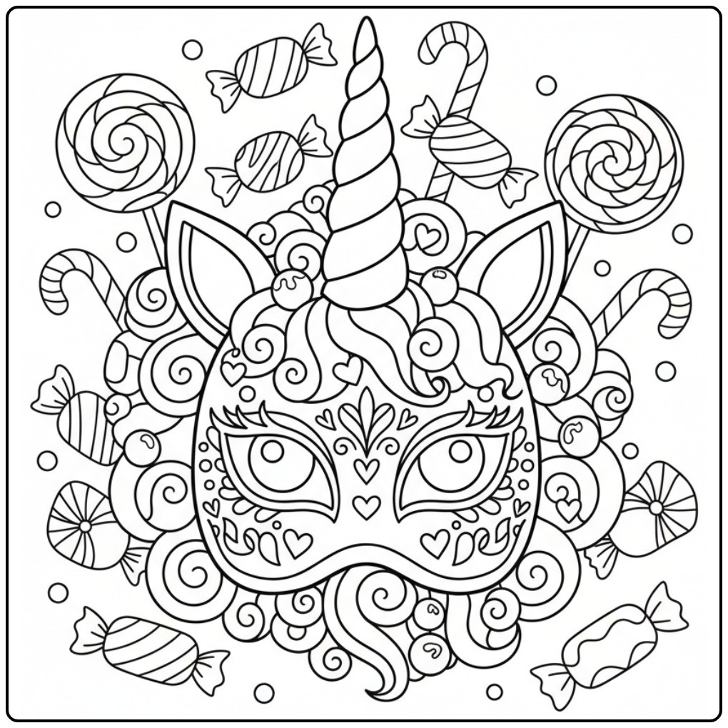 Desenho de mascara de unicornio para colorir com doces e pirulitos festivos.