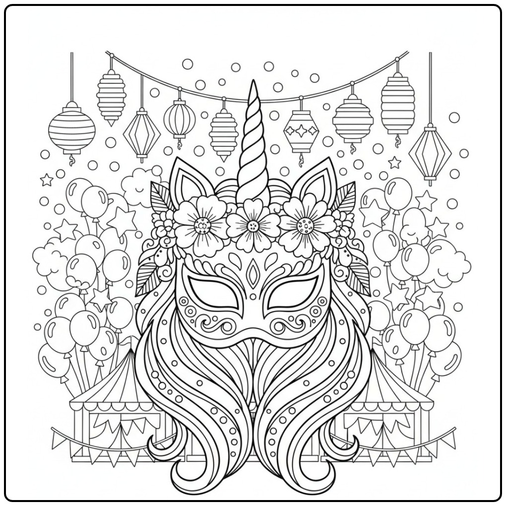 Ilustração detalhada de mascara de unicornio para colorir, com flores.