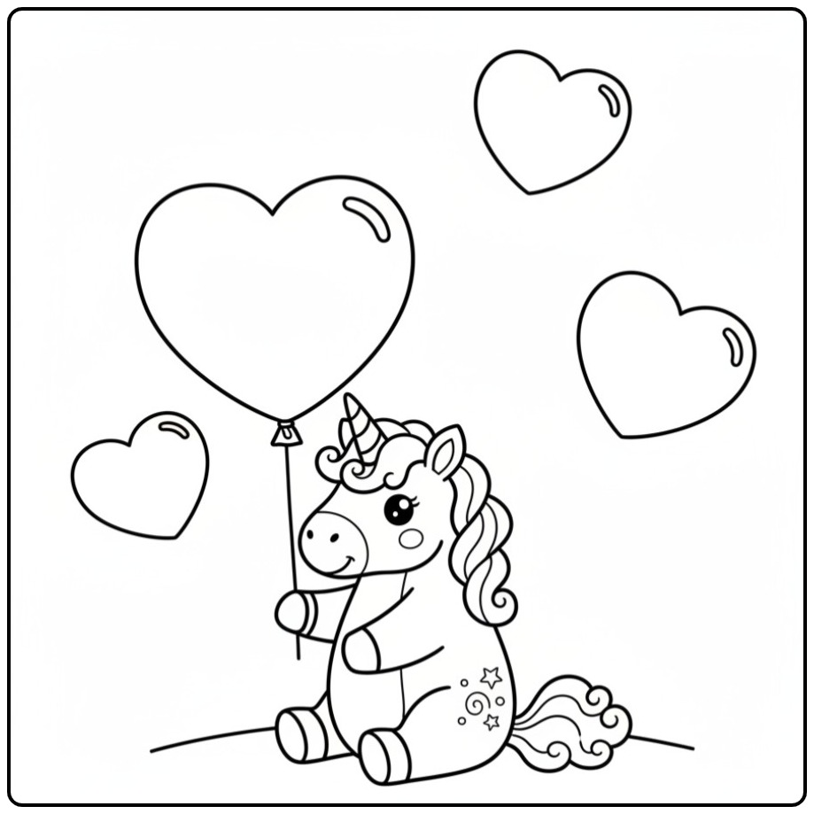 Ilustração de unicornio com coração para colorir, pura magia!