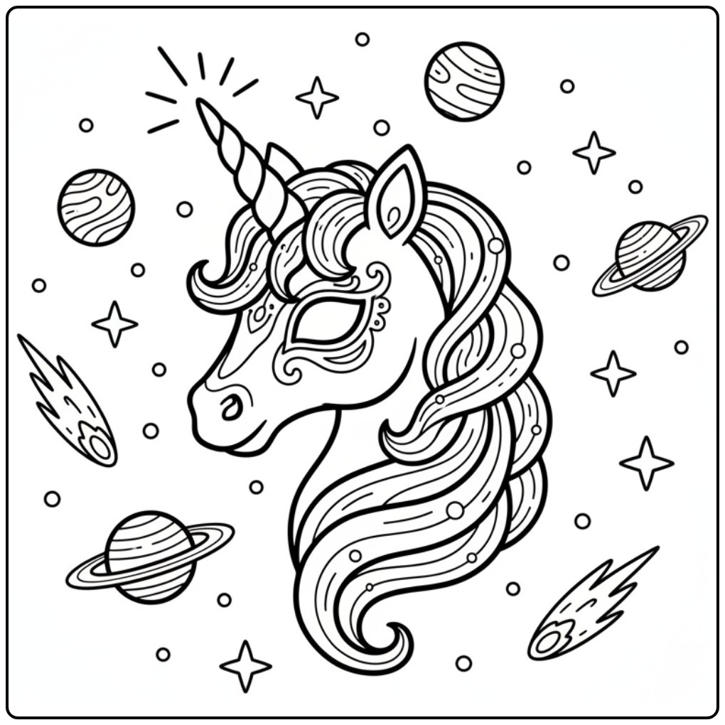 Mascara de unicornio para colorir com tema espacial e planetas.