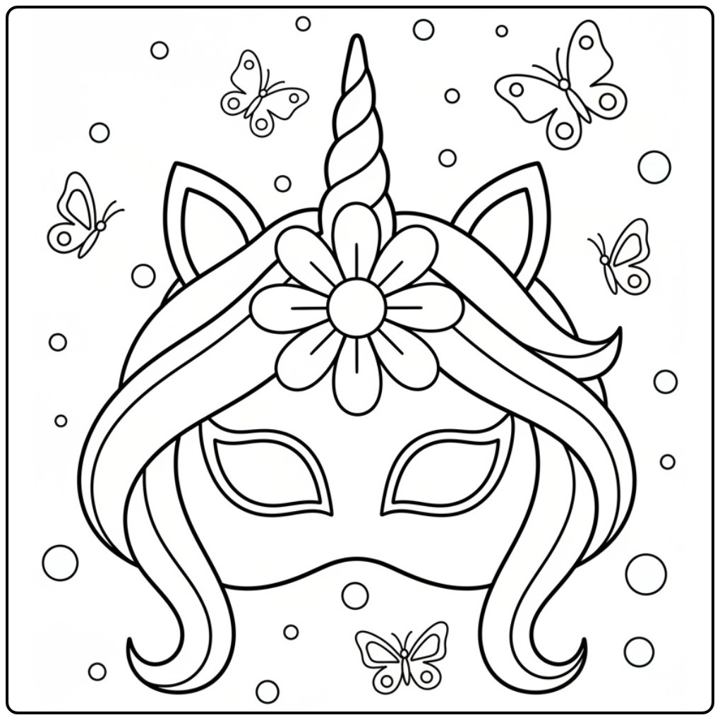 Máscara de unicórnio para colorir, com borboletas e uma flor na testa.