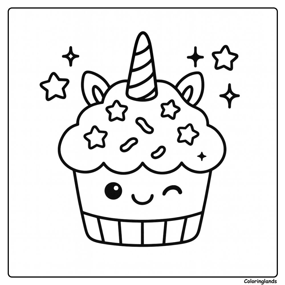 Unicorn cupcake para colorir com estrelas e um sorriso divertido.