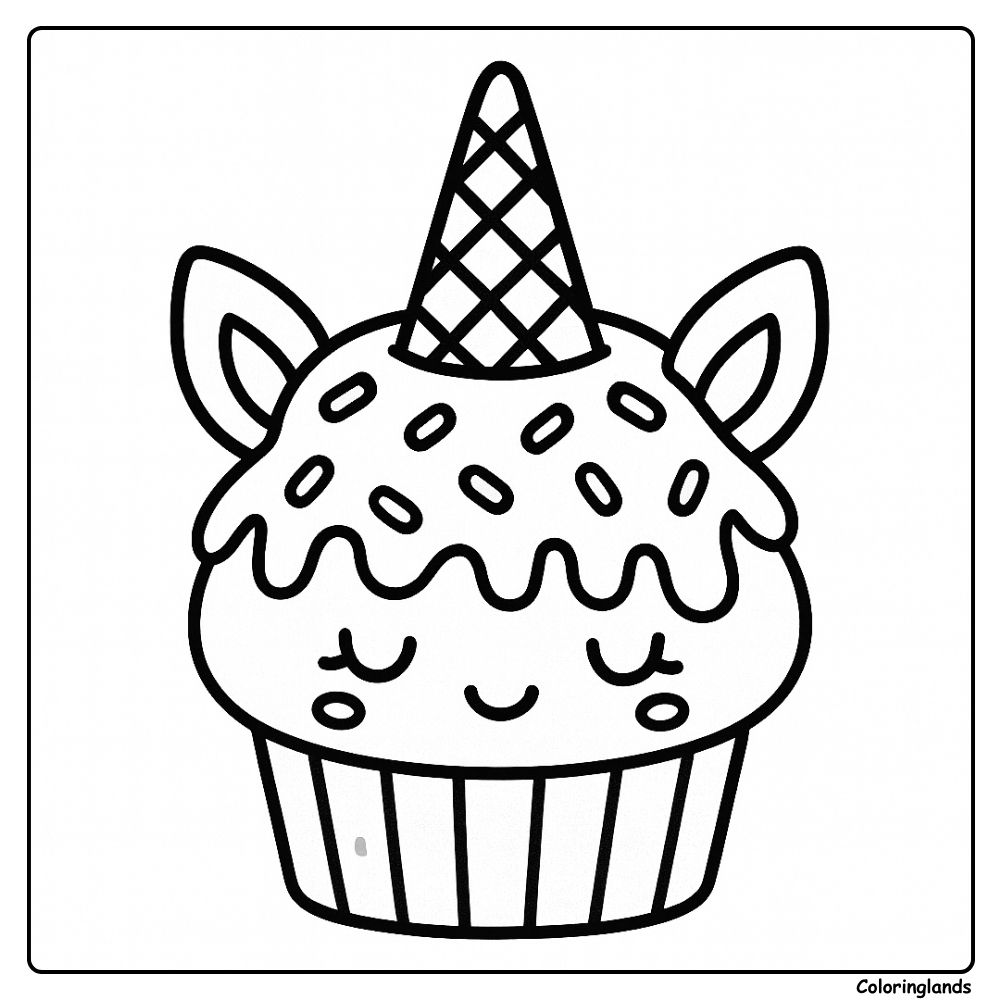 Lindo unicorn cupcake para colorir, com chifre e orelhas fofas.