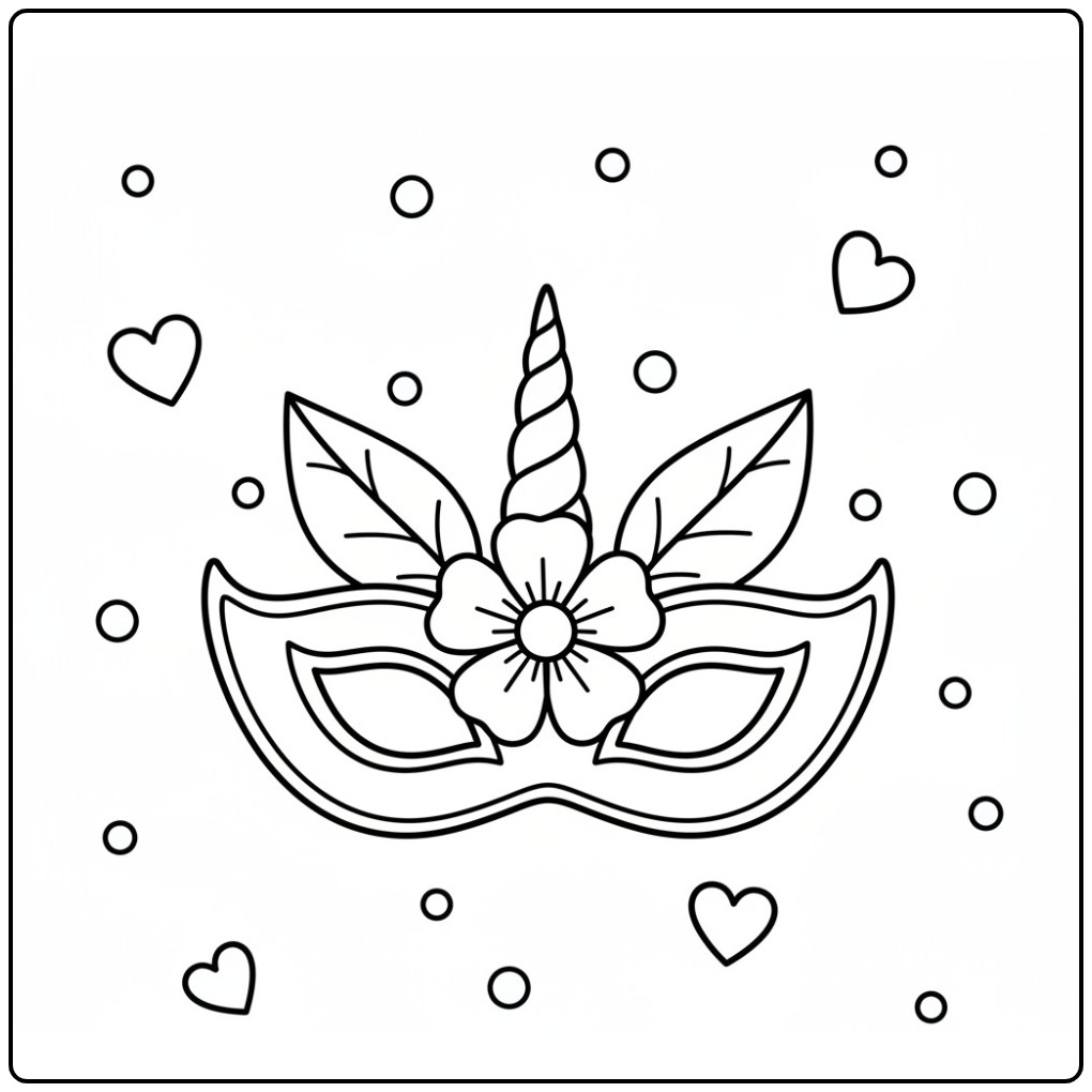 Uma mascara de unicornio para colorir, com chifre, flor e corações.