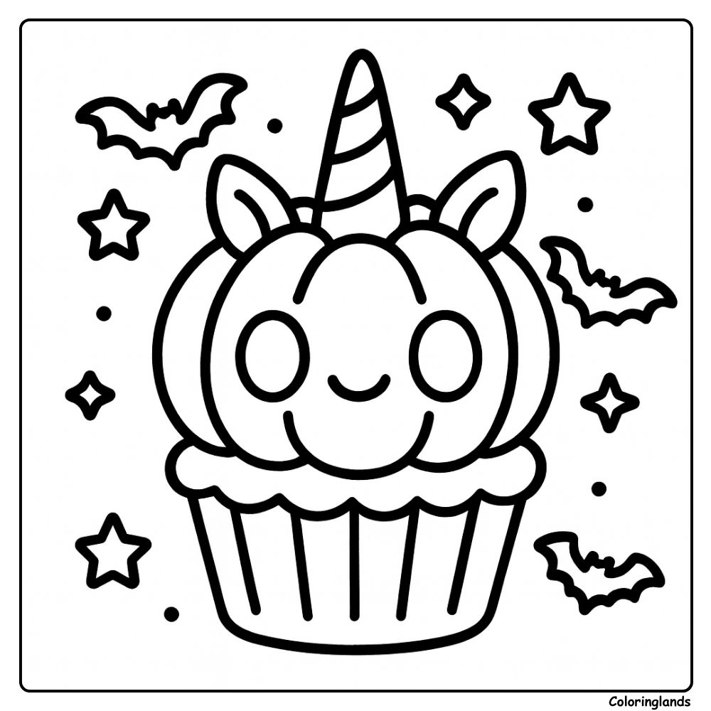 Unicorn cupcake para colorir em página de desenho com morcegos.