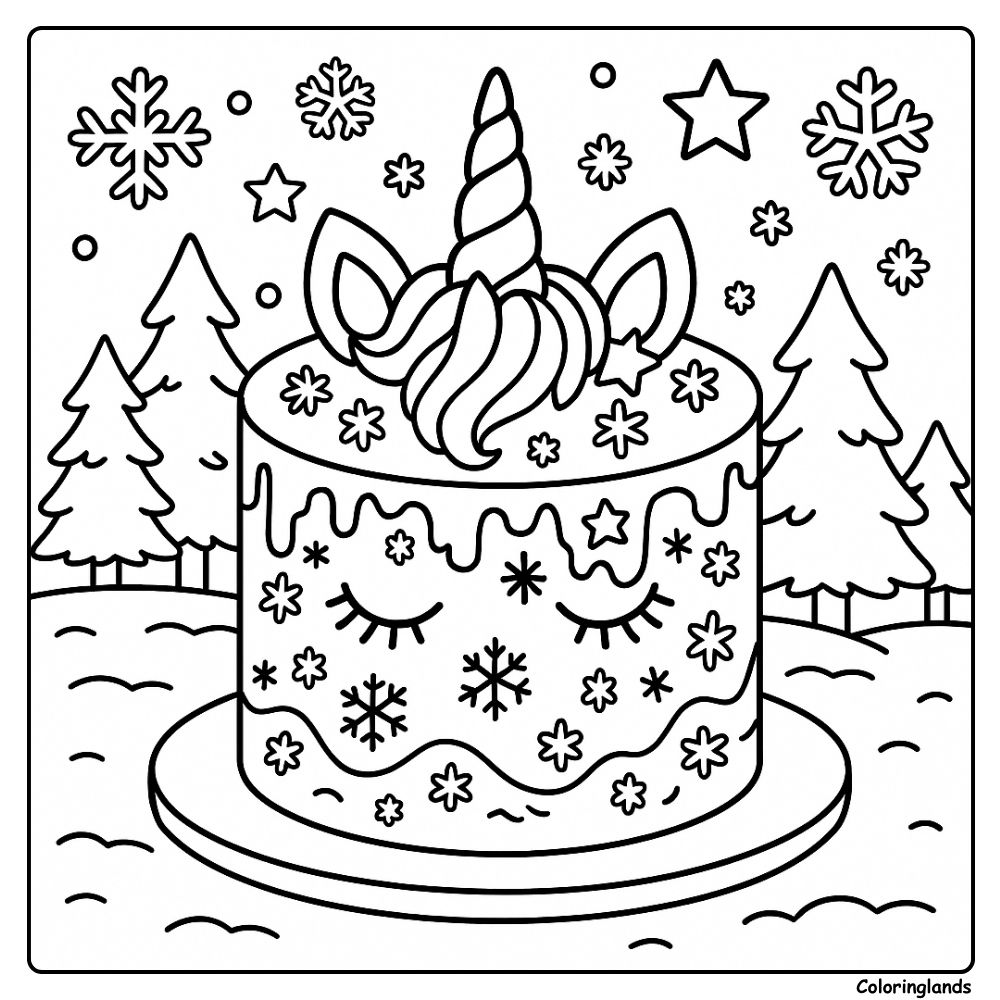 Um encantador bolo de unicórnio para colorir com tema de inverno.
