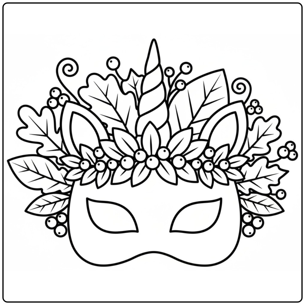 Linda mascara de unicornio para colorir, decorada com a natureza.