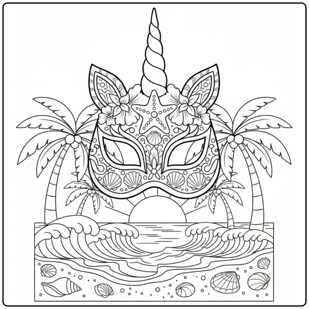 Mascara de unicornio para colorir com tema de praia tropical e mar.