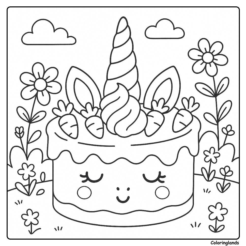 Um encantador bolo de unicórnio para colorir com rostinho feliz no jardim.
